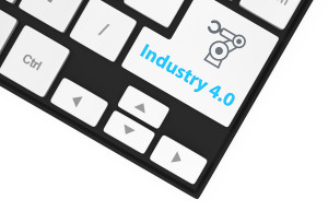 Robotic arm icon and word industry 4.0 on keyboard. Concept for industry 4.0