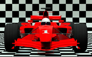 A Formula One racing car on a checkered background. 3D rendering with HDRI lighting and raytraced textures.
